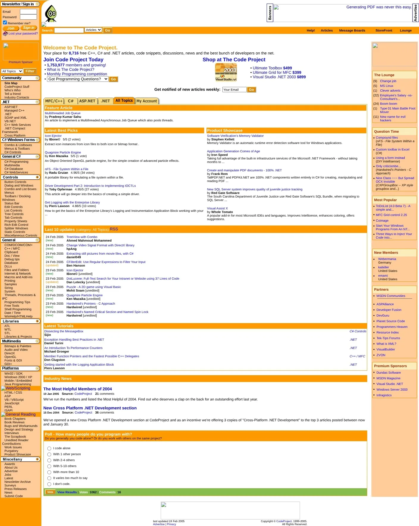 Screenshot of The Code Project homepage in 2006