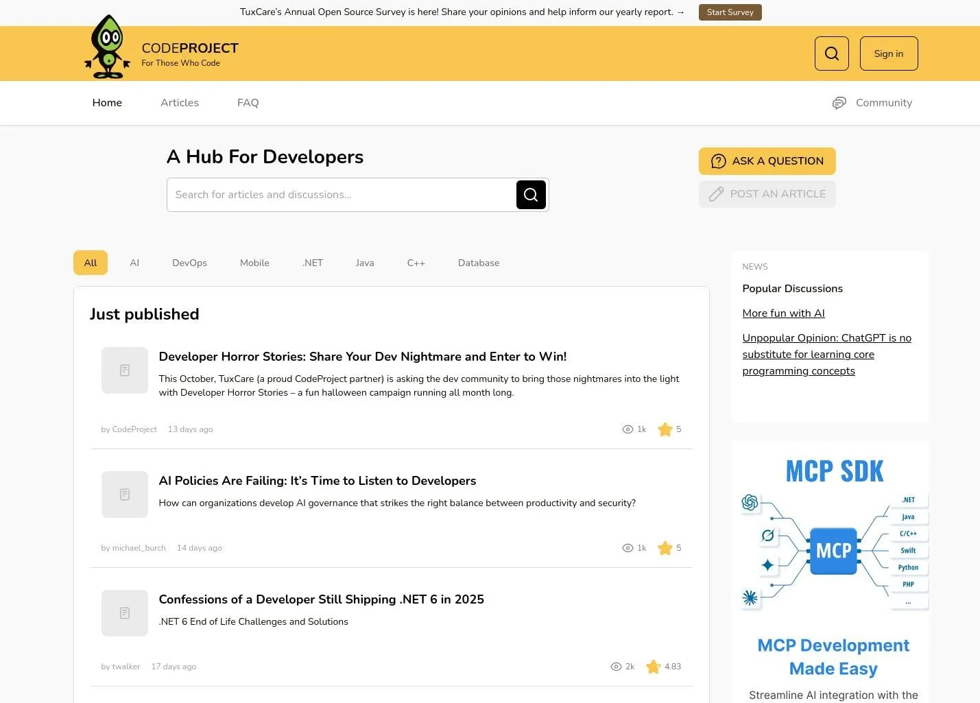Screenshot of The Code Project circa 2005