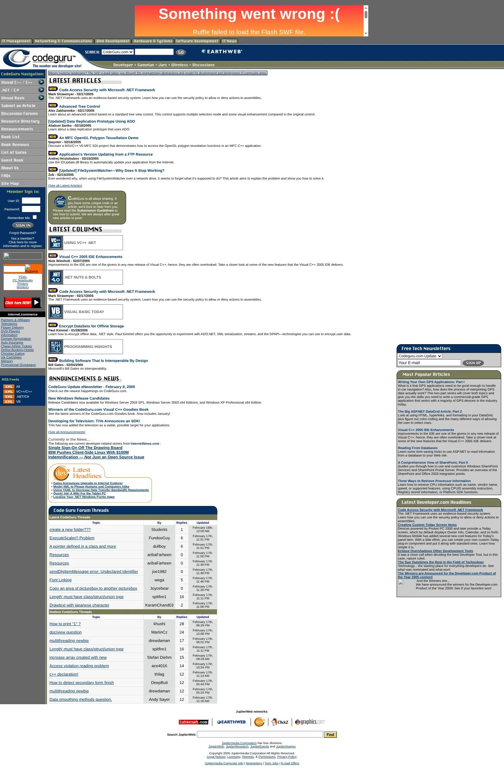 Screenshot of CodeGuru circa 2005
